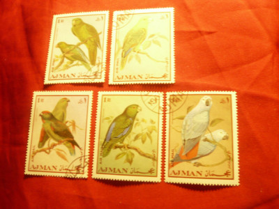 Serie mica Ajman -1969 - Pasari - Papagali , 5 val. stampilate foto