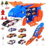 Camion transportor tip dinozaur cu rampa si set 6 masinute
