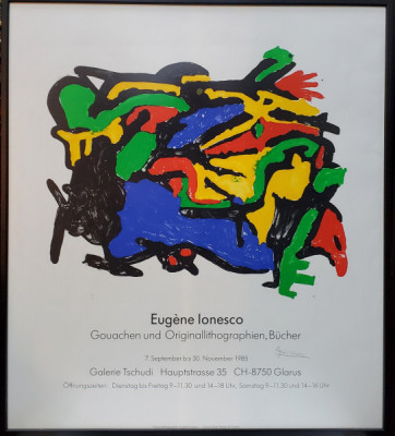 EUGEN IONESCU, AFIS DE EXPOZITIE 7 SEPTEMBRIE - 30 NOIEMBRIE 1985 - CROMOLITOGRAFIE ORIGINALA, SEMNATA OLOGRAF foto