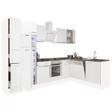 Mobilă de bucătărie de colț Yorki 310, corp alb, față alb satinat, element cuptor inferior, frigider congelator superior