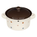 Bol ceramic pentru supă, 650ml, Bej cu buline colorate, cu m&acirc;nere și capac maro, CMCLASS