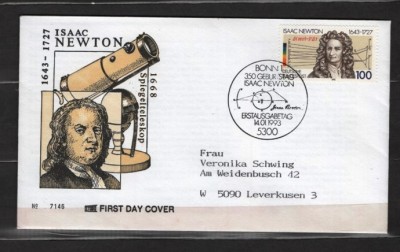 GERMANIA (BUNDESPOST) 1993 - ANIVERSARI. PERSONALITATI. NEWTON. FDC, Y5 foto