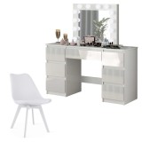 Cumpara ieftin Set masa de toaleta/machiaj Vanessa + scaun Mark, sertare alb lucios, cu oglinda si LED-uri, Vanessa, 130x43x143 cm