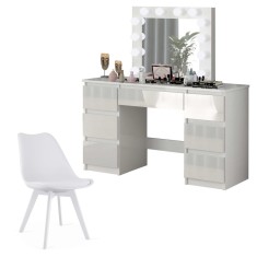 Set masa de toaleta/machiaj Vanessa + scaun Mark, sertare alb lucios, cu oglinda si LED-uri, Vanessa, 130x43x143 cm