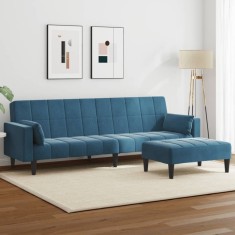 vidaXL Canapea extensibilă cu 2 locuri și taburet, albastru, catifea