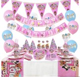 Set 128 piese vesela petrecere LOL Surprise pentru 10 copii, stegulete decorative, fata de masa, paie, coifuri, servetele, pahare, farfurii, paie, lin