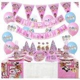 Set 128 piese vesela petrecere LOL Surprise pentru 10 copii, stegulete decorative, fata de masa, paie, coifuri, servetele, pahare, farfurii, paie, lin