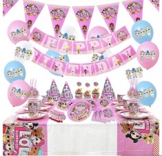 Set 128 piese vesela petrecere LOL Surprise pentru 10 copii, stegulete decorative, fata de masa, paie, coifuri, servetele, pahare, farfurii, paie, lin