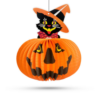 Lanternă dovleac de Halloween - cu pisică - 26 cm foto