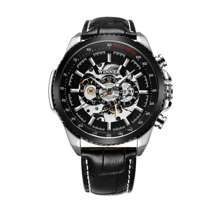 Ceas barbati, T-winner, Clasic, Mecanism Mecanic Automatic, Skeleton, Piele, Negru