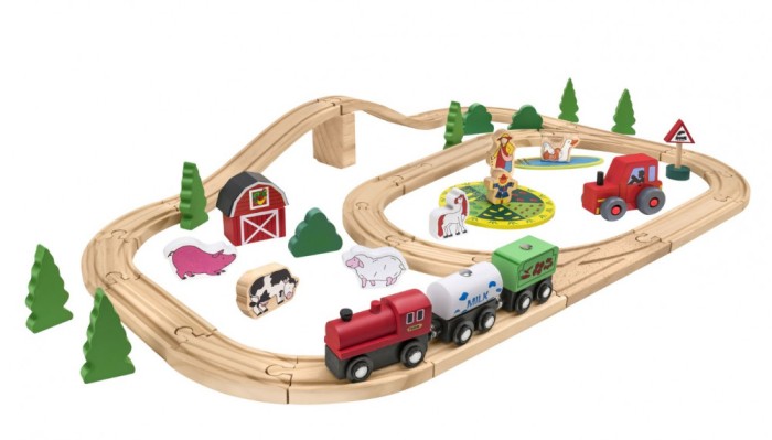 Set de joaca din lemn pentru copii, trenulet pe traseu cu sine, 1 vagon si 2 locomotive prindere magnetica, sine universale