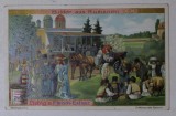 ROMANIA , OASPETI LA MANASTIRE , CARTOLINA DE RECLAMA LA PRODUSUL GERMAN &#039; LIEBIG FLEISCH EXTRACT &#039; , CROMOLITOGRAFIE , TEXT IN LB. GERMANA , CCA , 19