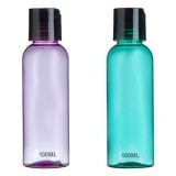 Set 2 Sticle de Călătorie, 100 ml, Transparente, Verde și Mov, cu Capace Negre, CMCLASS