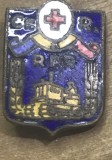 Insigna AMS1 Insigna Veche RPR Crucea Rosie - Tractor Fabrica Uzina Scut - Emblema Vintage Colectie Comunism Sanatate Protectia Muncii Metal