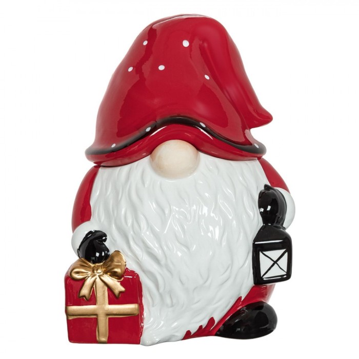 Cutie Biscuiți, Model Gnome Moș Crăciun, Cadou Roșu cu Felinar, Ceramică, 18x17x25cm, Roșu