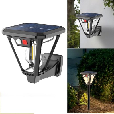 Lampa Solara LED, Tip Felinar, pentru Perete/Sol, 10.8 x 12.3 x 46 cm, 3 Moduri, Lumina Calda, din ABS si PP, Negru foto