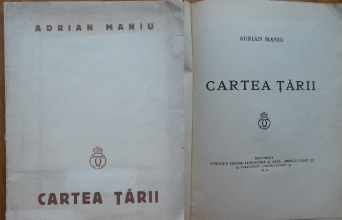 Adrian Maniu , Cartea tarii , Versuri , prima editie , 1934 , tiraj special