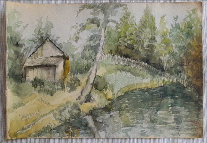 1953 Acuarelă Aglaia Rosei Rădulescu, semnată / Măgura (Bacău) 30 x 20