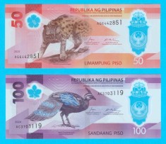 Filipine Set 2x (p#237+238) 50+100 Piso 2024-25 UNC; Prima serie de bancnote din polimer din Filipine