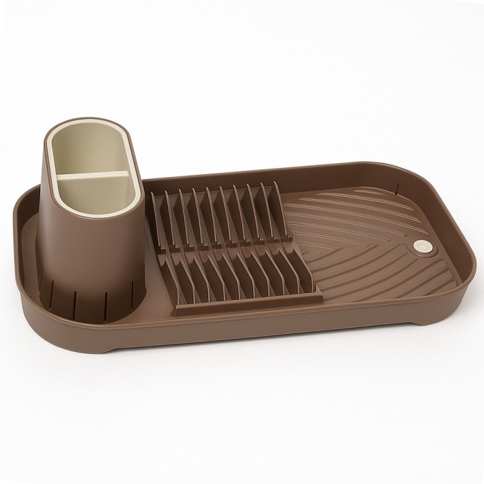 Scurgator ingust de bucatarie Pufo pentru uscat vase cu suport pentru tacamuri, 40 x 20 cm, maro/crem