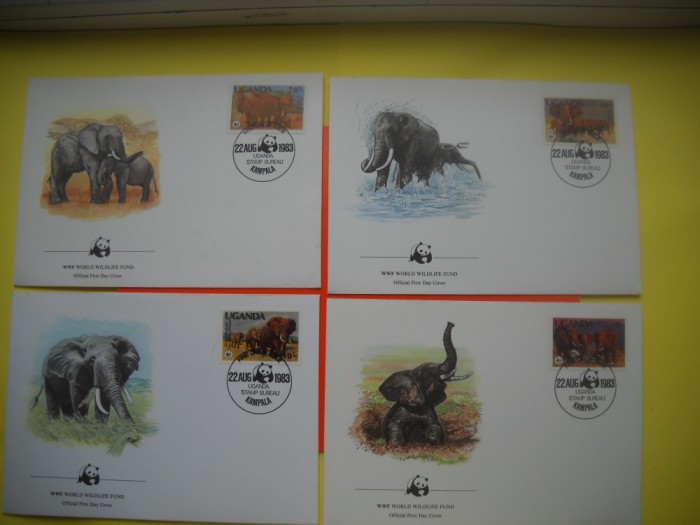 HOPCT PLIC FDC S NR 322 SET 4 FDC -FAUNA- ELEFANTI 1983 UGANDA -NECIRCULAT