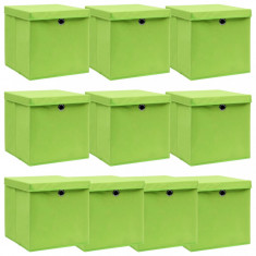 Cutii depozitare cu capace, 10 buc., verde, 32x32x32 cm, textil foto