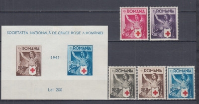 ROMANIA 1941 LP 145 LP 146 CRUCEA ROSIE SERIE + COLITA NEDANTELATA SARNIERA foto