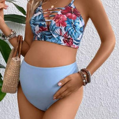 Costum de baie, sutien cu imprimeu si chiloti cu talie inalta, albastru, dama, Shein