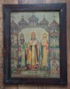 Icoană veche – Trei Ierarhi, litografie color, anii ’30, 47 × 37 cm, cu rama veche de lemn