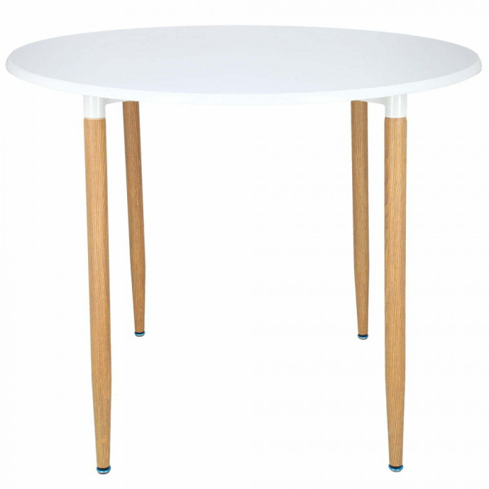 Masa dining rotunda Lizzy Unic Spot, 90x76cm, blat MDF alb, picioare metalice cu textura de lemn