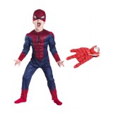 Cumpara ieftin Set costum Spiderman cu muschi si manusa cu discuri, IdeallStore&reg;, marime L, 7-9 ani, rosu