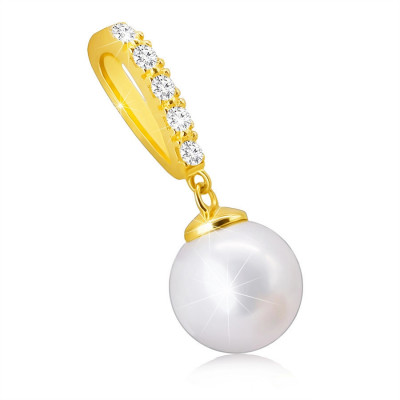 Pandantiv din aur galben de 14K - perlă albă de apă dulce pe o clemă, diamante strălucitoare clare foto