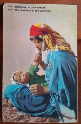 Carte postala, beduina cu copilul, perioada interbelica foto