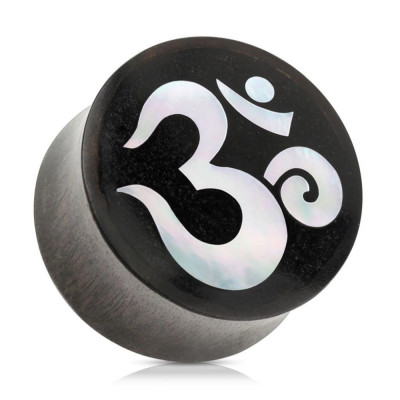 Plug pentru ureche, &amp;icirc;n formă de șa, din lemn de culoare neagră, simbol spiritual yoga OM - Lățime: 16 mm foto