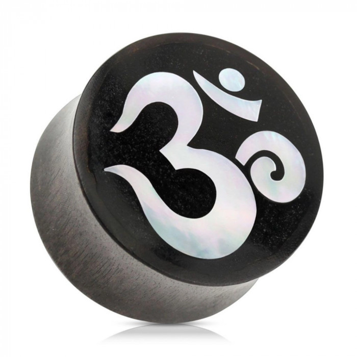 Plug pentru ureche, &icirc;n formă de șa, din lemn de culoare neagră, simbol spiritual yoga OM - Lățime: 22 mm