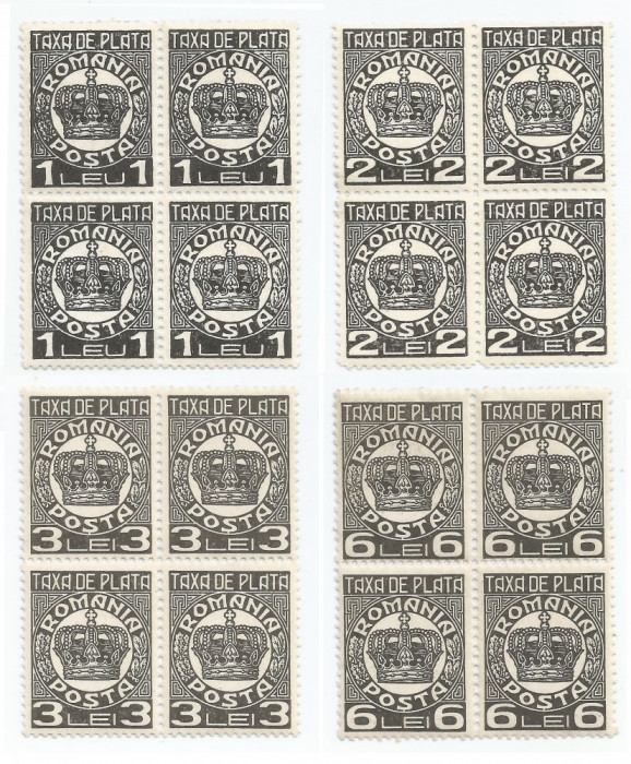 |Romania, LP IV.17/1932-38, Taxa de plata, model coroana, fil. CC, blocuri, MNH