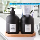 Set dispenser sapun lichid si suport periuta de dinti, Sticla, cu pompa si tava din lemn, 425 ml, Negru