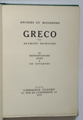 GRECO par RAYMOND ESCHOLIER , 1937 foto