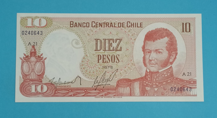 Chile 10 Pesos 1975 &#039;Batalla de Rancagua&#039; UNC serie: A21 0240643