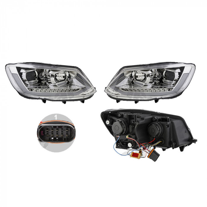 Set faruri VW Touran (1t3), 07.2010-08.2015, partea Stanga+Dreapta, Tuning, Fata, indicator dinamic; cu lampa de parcare LED; cu indicator led; cu lu