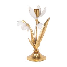 Sfesnic lumanare metal auriu alb Ghiocei 14x10x25 cm