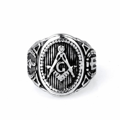 Inel Masonic Argintiu din Otel Inoxidabil Echer si Compas MM632 foto