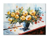 Tablou 3D vaza cu flori pictat manual living, dormitor, Ikebana, 80x60cm ulei pe panza in cutit, Valentin Pop