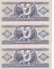 BANCNOTA 20 FORINTI / FORINT - UNGARIA / RP UNGARA, anul 1975 ,x3 SERIE CONSECUTIVA