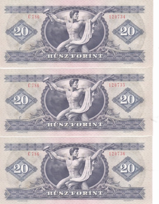 BANCNOTA 20 FORINTI / FORINT - UNGARIA / RP UNGARA, anul 1975 ,x3 SERIE CONSECUTIVA