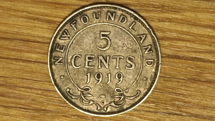 Newfoundland Canada - argint sterling - 5 cents 1919 C - George V - ultra rara !