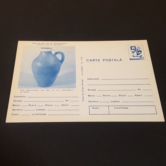Rom&acirc;nia 2000 Ani &ndash; Vas Daco-Roman Sec. IV, Muzeul Arad. Carte Poștală Filatelică Rom&acirc;nia.Colecție Epoca Ceaușescu!