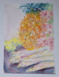 Pictura in acuarela neinramata - ananas si floricele, semnata, 2007, 17 x 24 cm, Flori, Realism