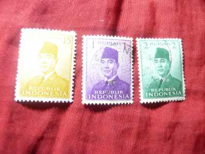 Serie mica Indonezia 1951 - Presedinte Sukarno , 3 val. stampilate foto