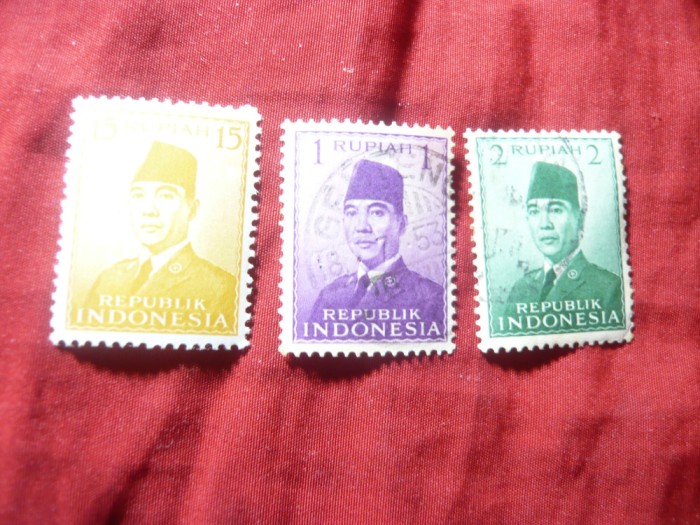 Serie mica Indonezia 1951 - Presedinte Sukarno , 3 val. stampilate